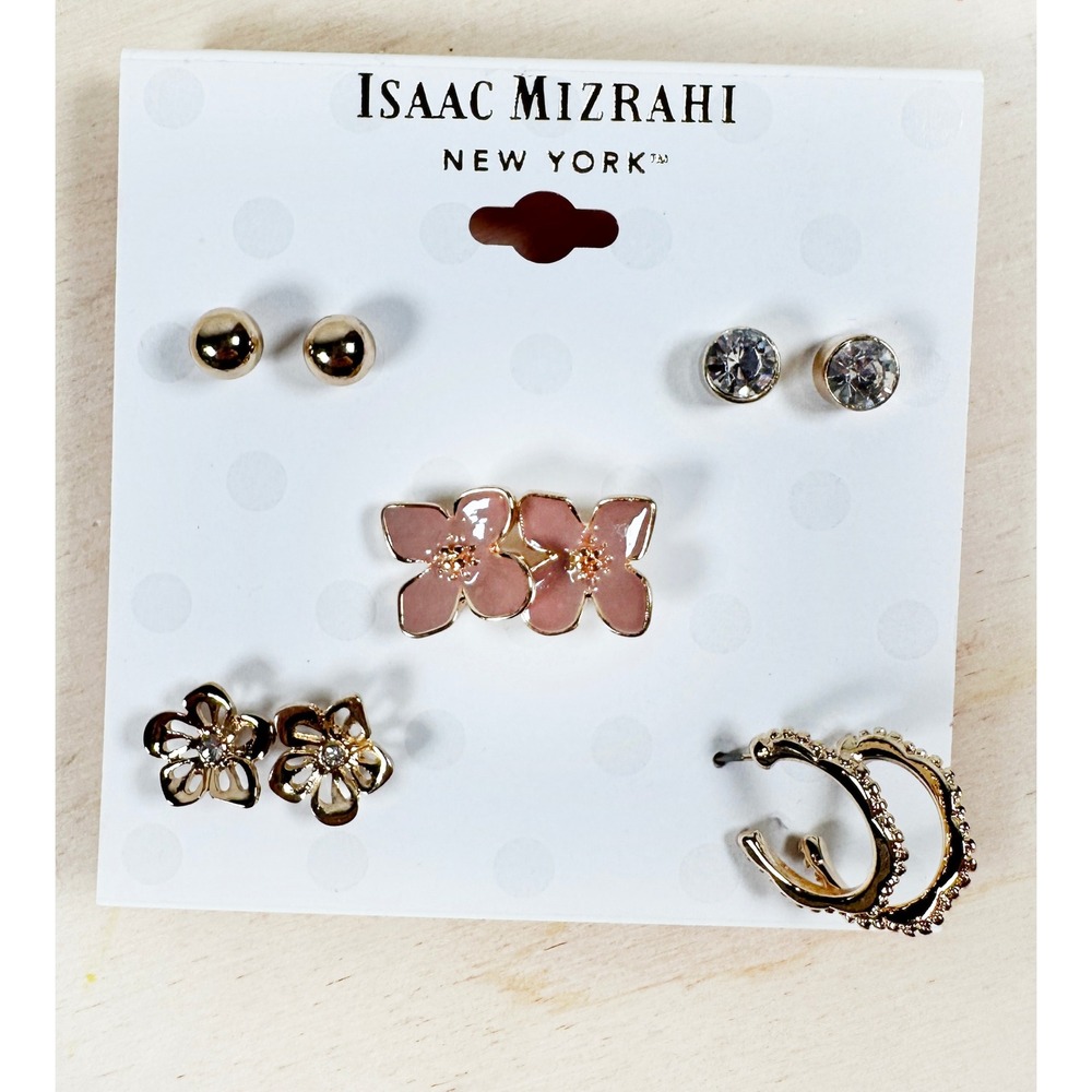 Isaac Mizrahi‎ Gold and Pink Earring Set Post Flower NEW Card